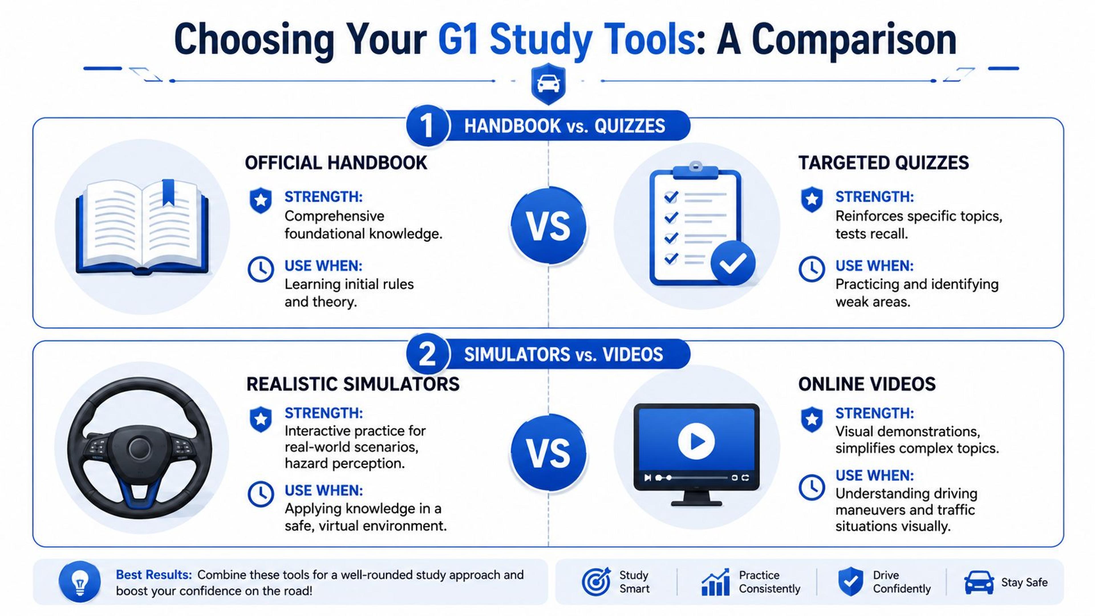 A comparison chart outlining different G1 study tools including handbooks, quizzes, simulators, and online educational videos.