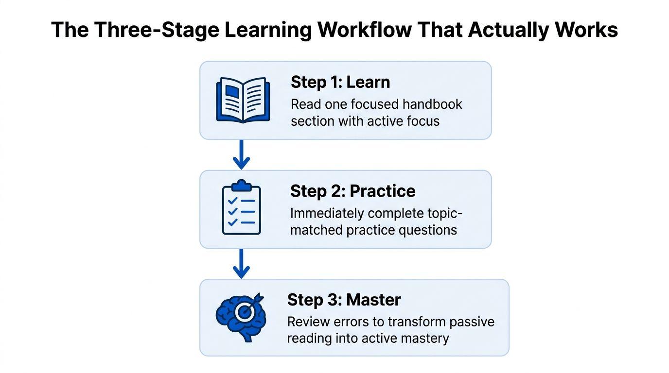 A diagram outlining a three-stage learning workflow consisting of learn, practice, and master steps for effective studying.