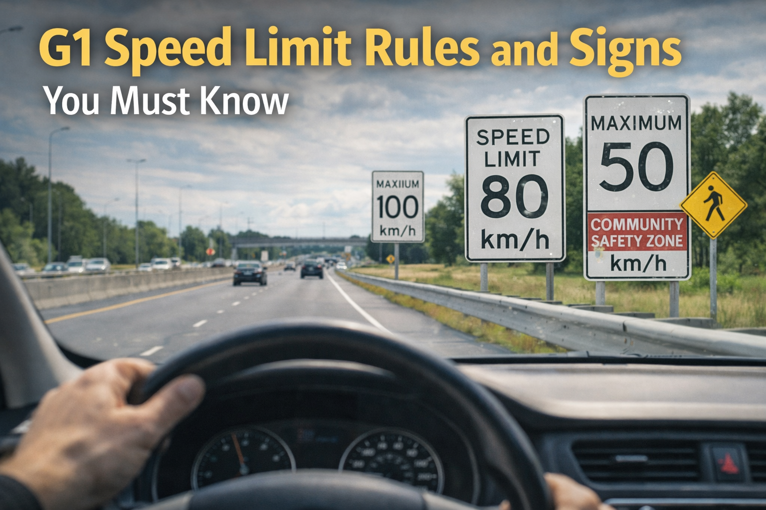 Ontario highway speed limit signs showing 50 km/h community safety zone and 80 km/h maximum speed for G1 test preparation
