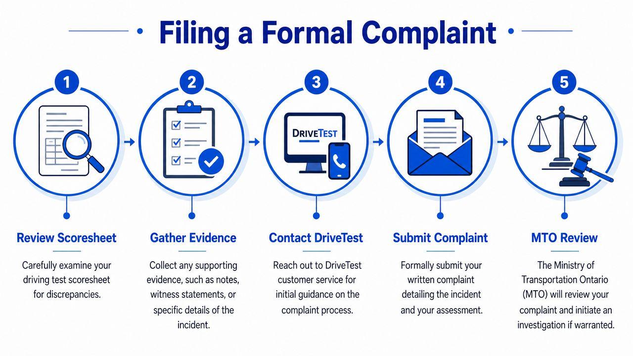 A five-step infographic showing the process for filing a formal complaint regarding a driving test in Ontario.