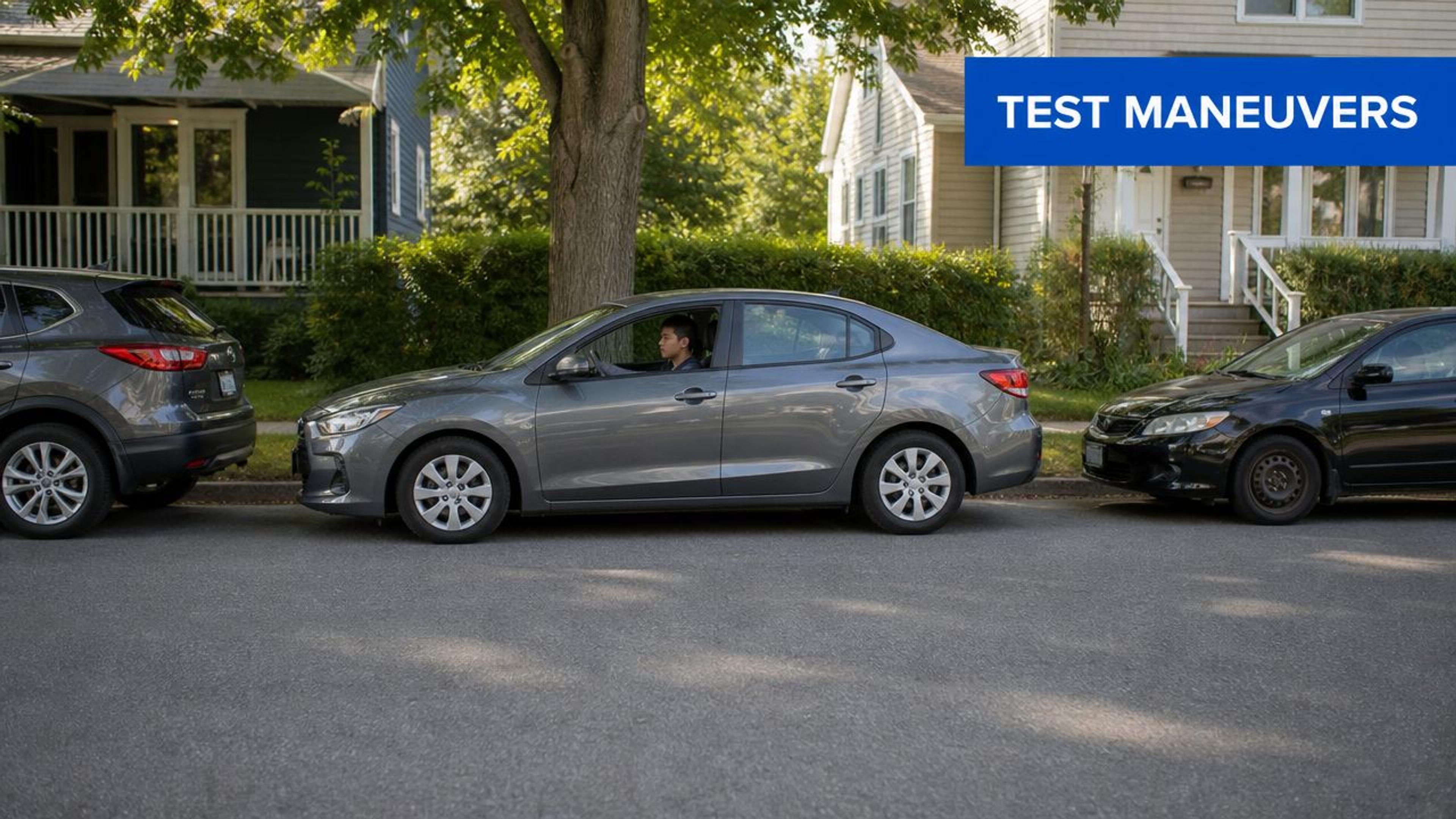 A student practicing parallel parking during their driving test on a quiet suburban street.