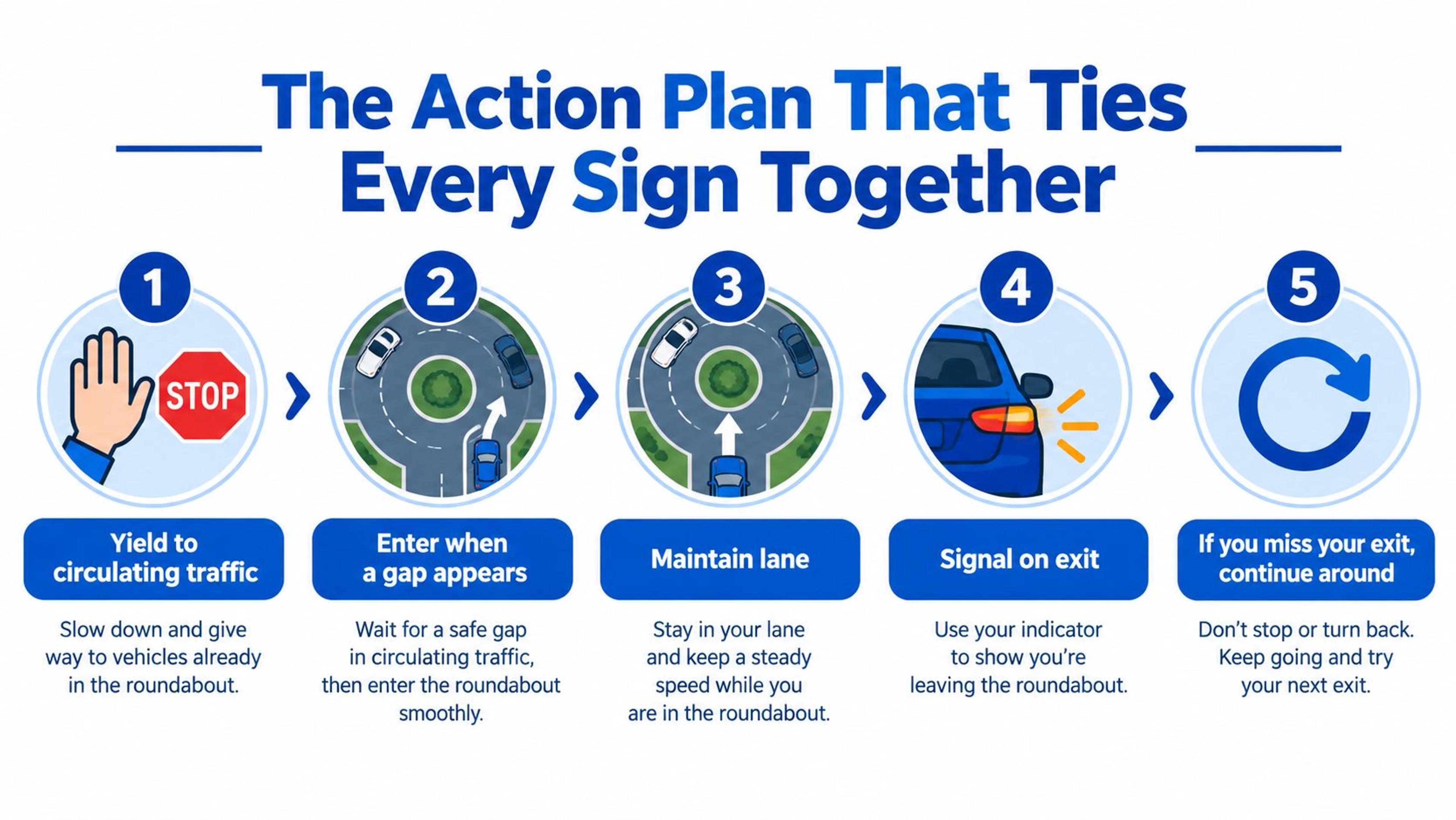 A numbered infographic showing a five-step action plan for safely driving through a roundabout intersection.