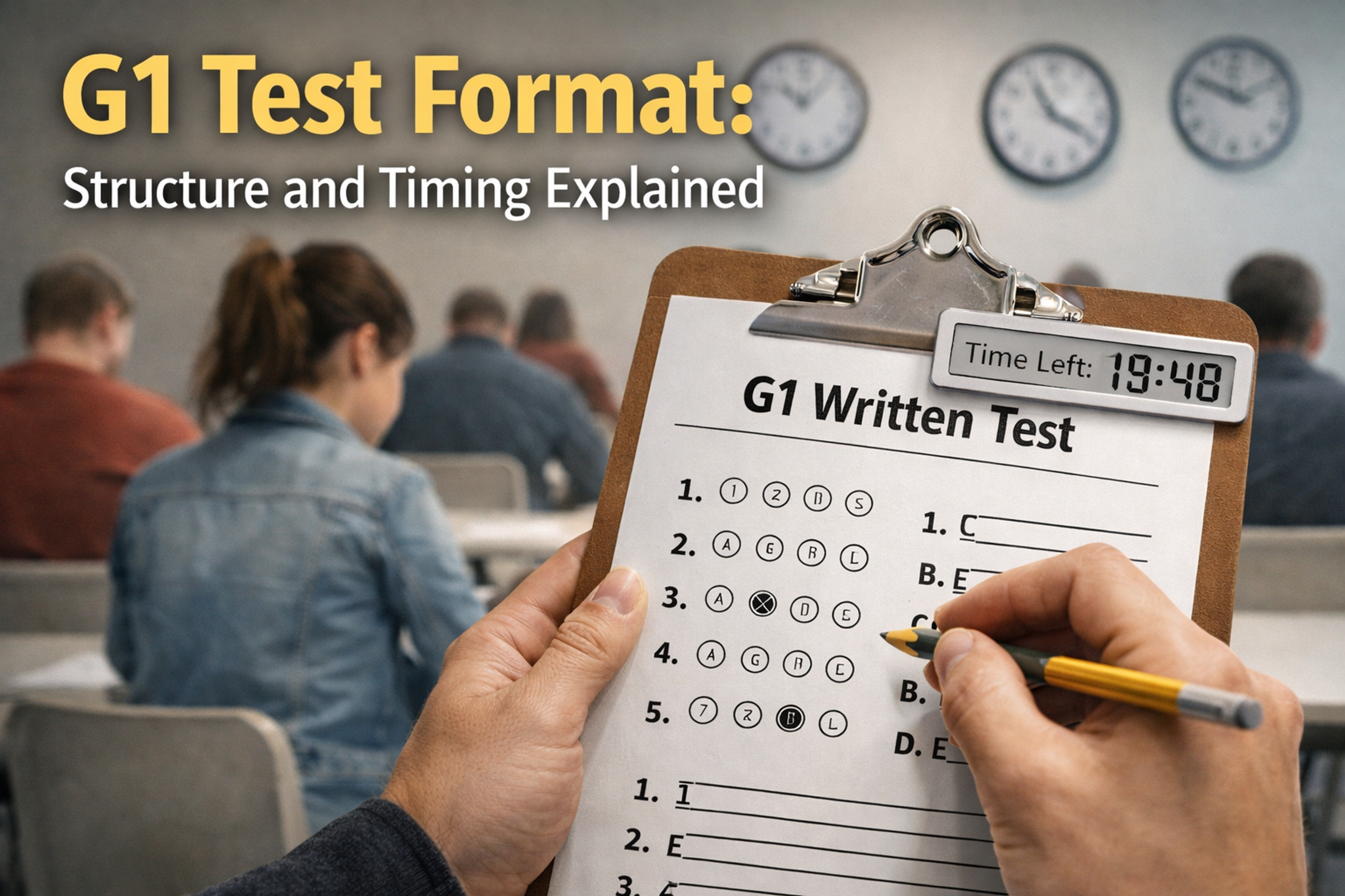 G1 written test format in Ontario showing multiple-choice exam sheet and countdown timer in a DriveTest centre