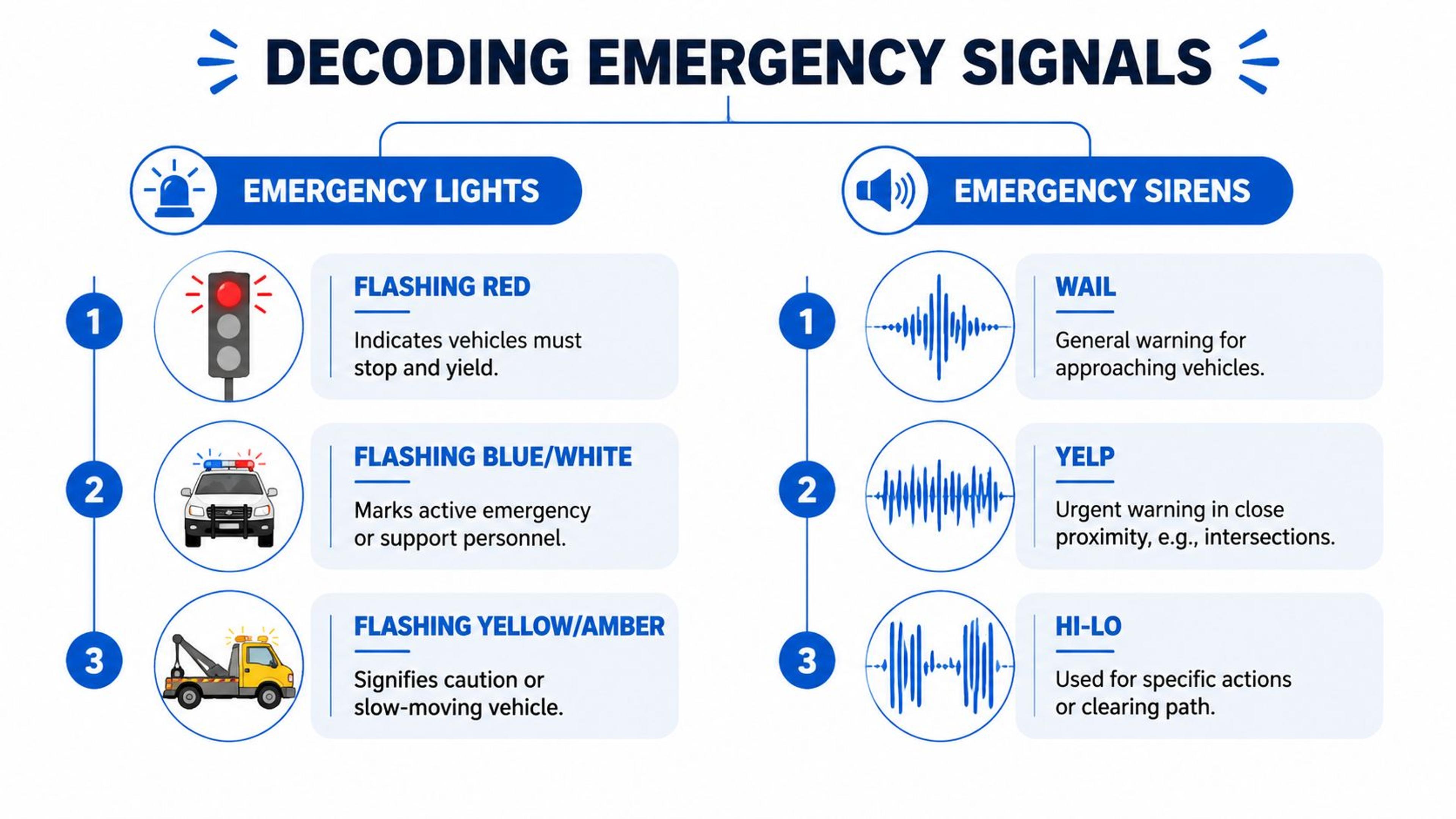 A diagram explaining various emergency light and siren signals used for traffic safety and emergency awareness.