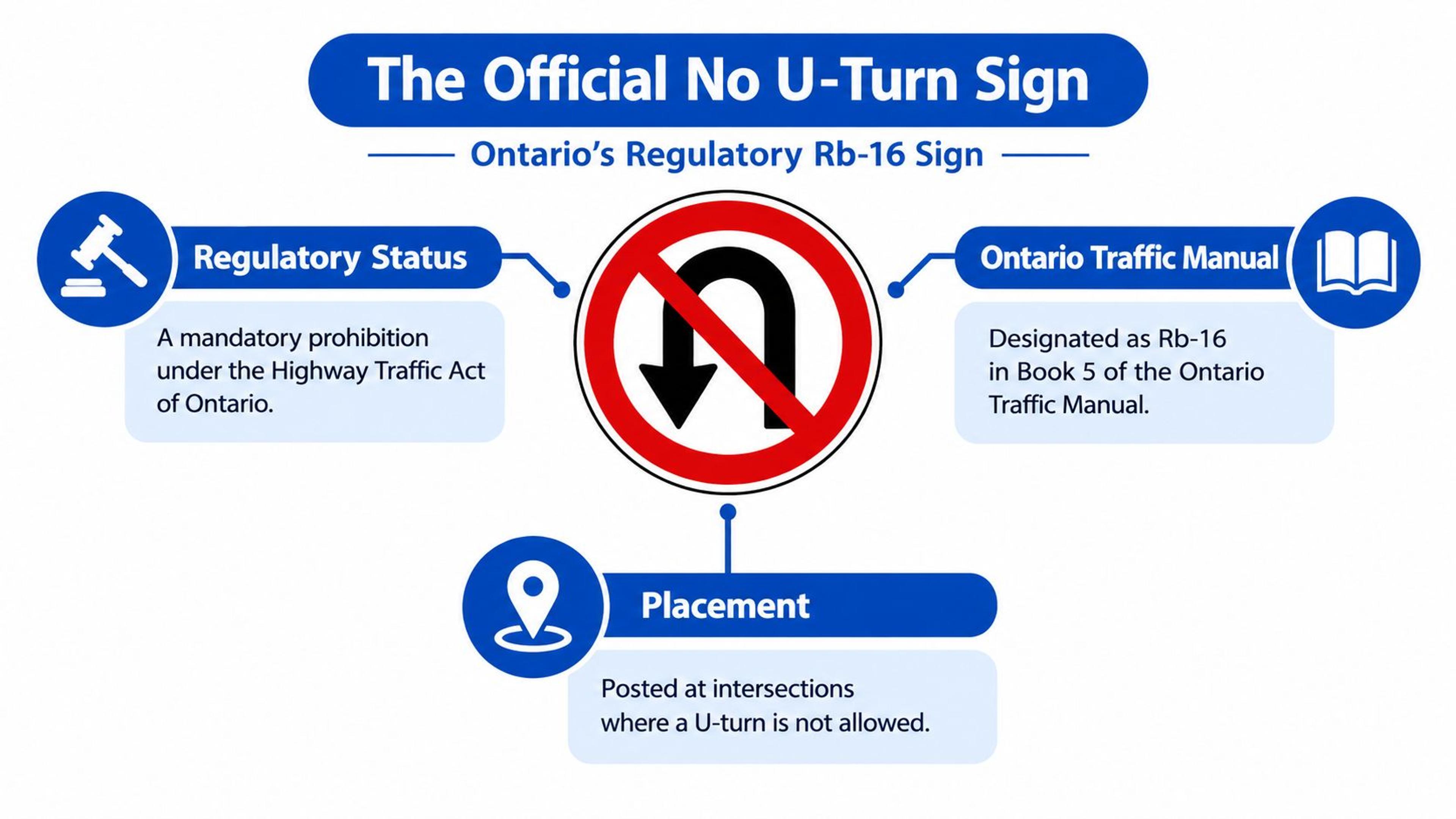 An infographic detailing the official Ontario Rb-16 no U-turn regulatory traffic sign, its legal status, and placement.