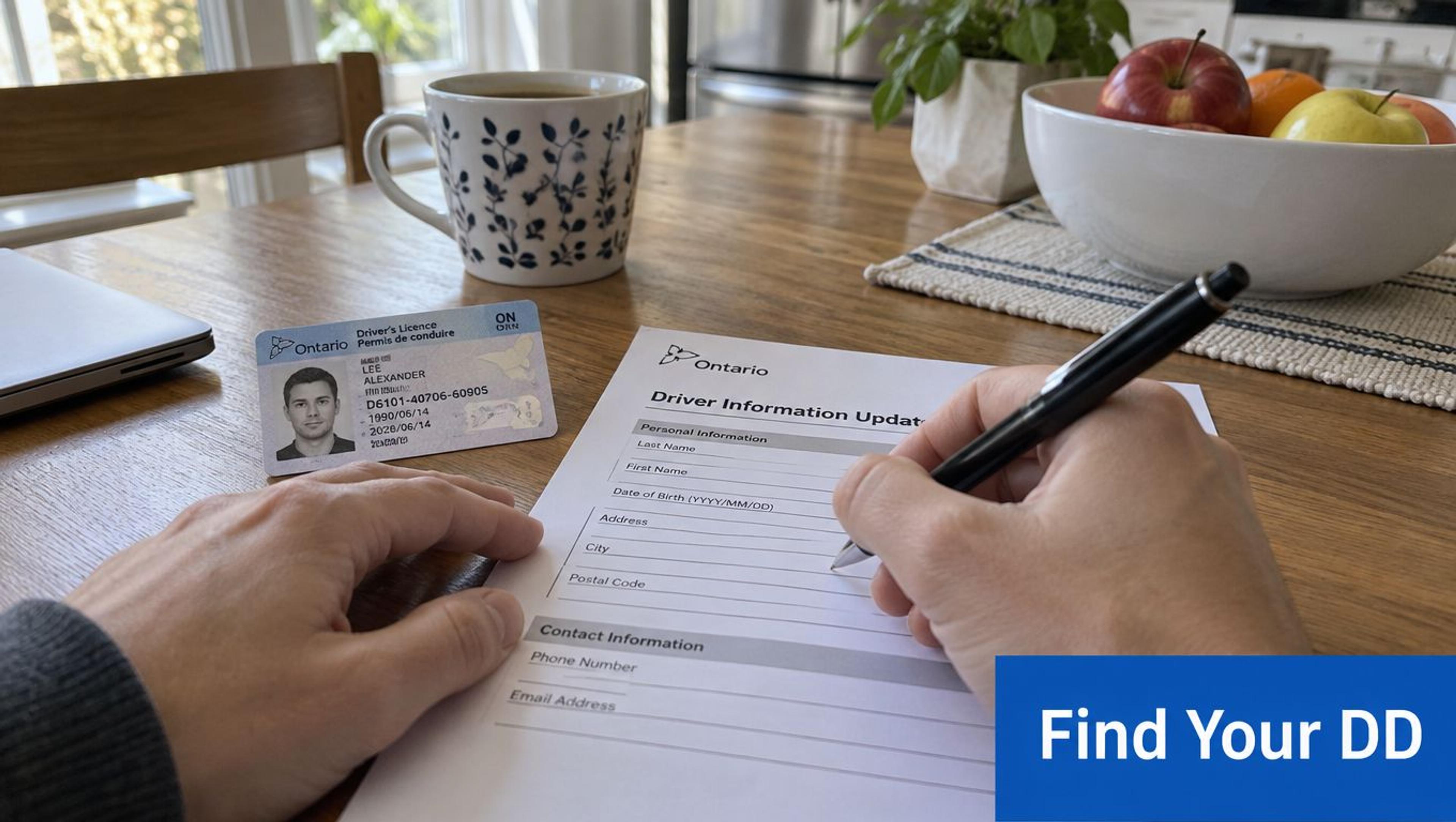A person filling out an Ontario driver information update form next to their driver license.