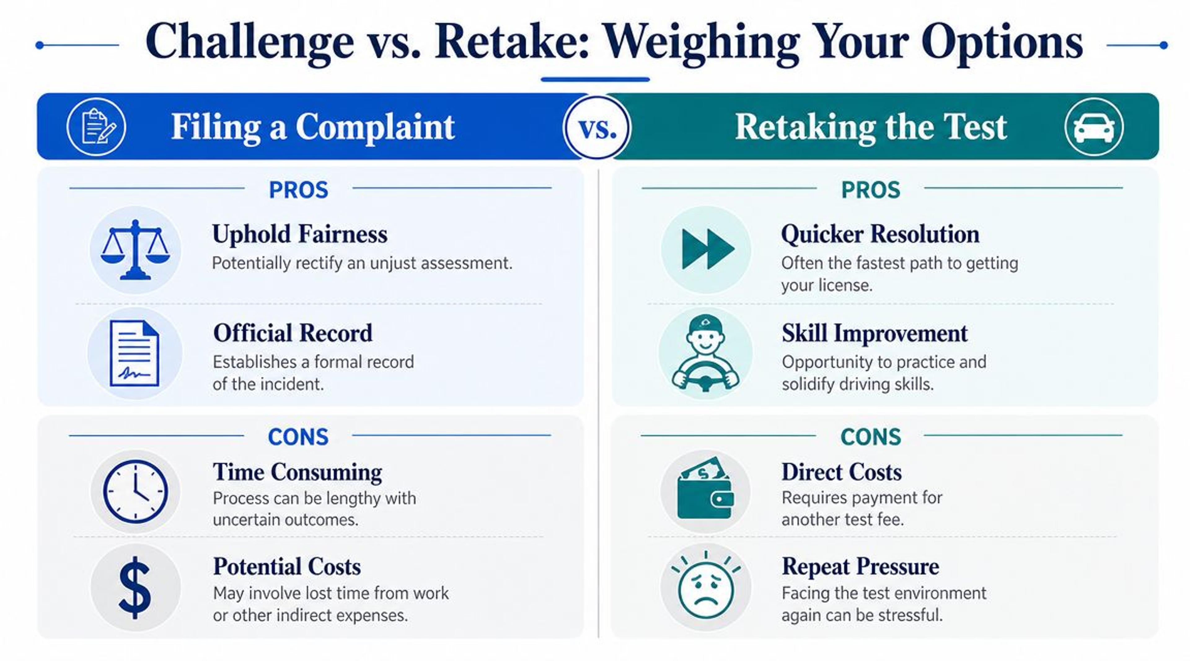 A comparison infographic detailing the pros and cons of filing a complaint versus retaking a driving test.