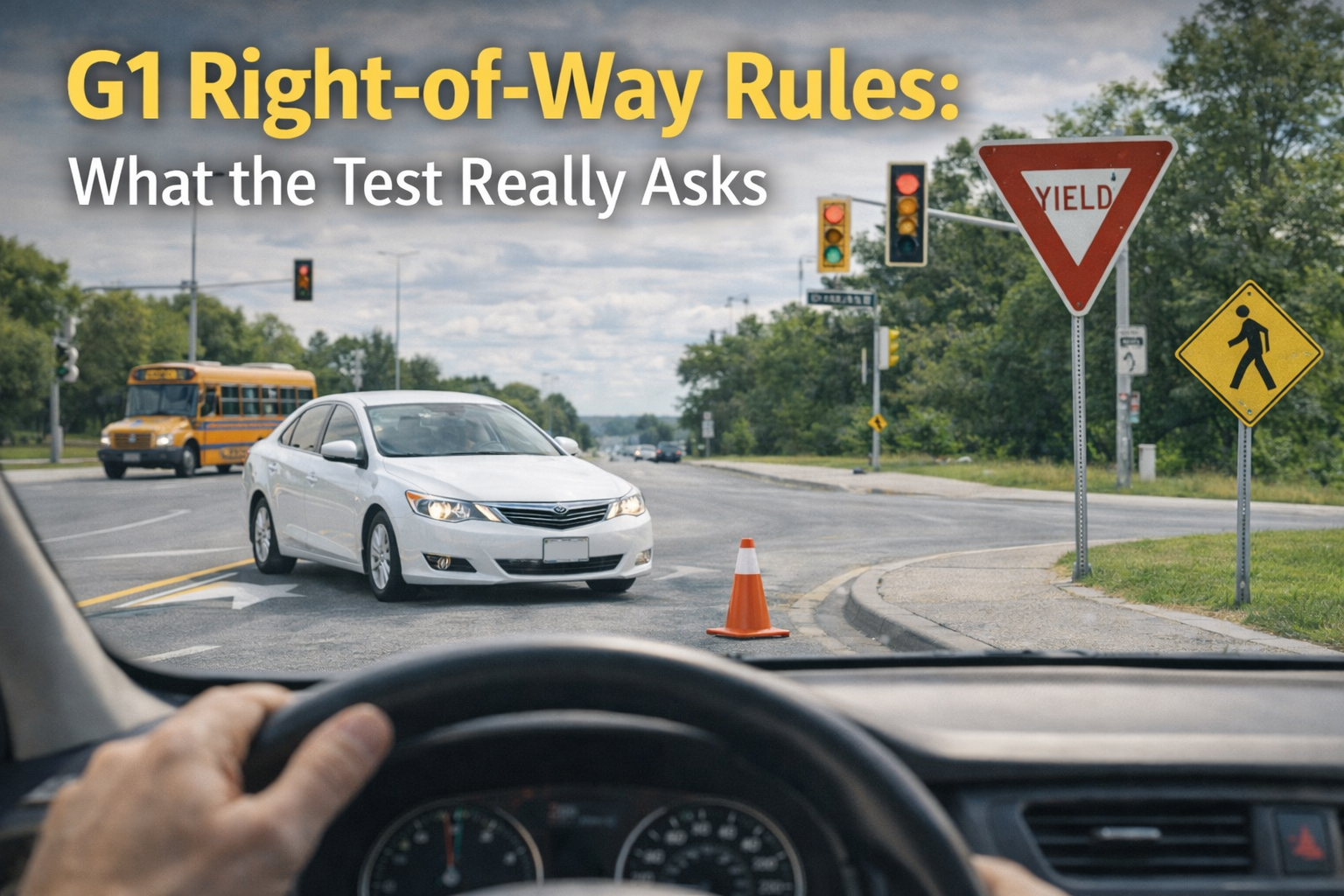 Ontario intersection showing yield sign and turning vehicles demonstrating G1 right of way rules