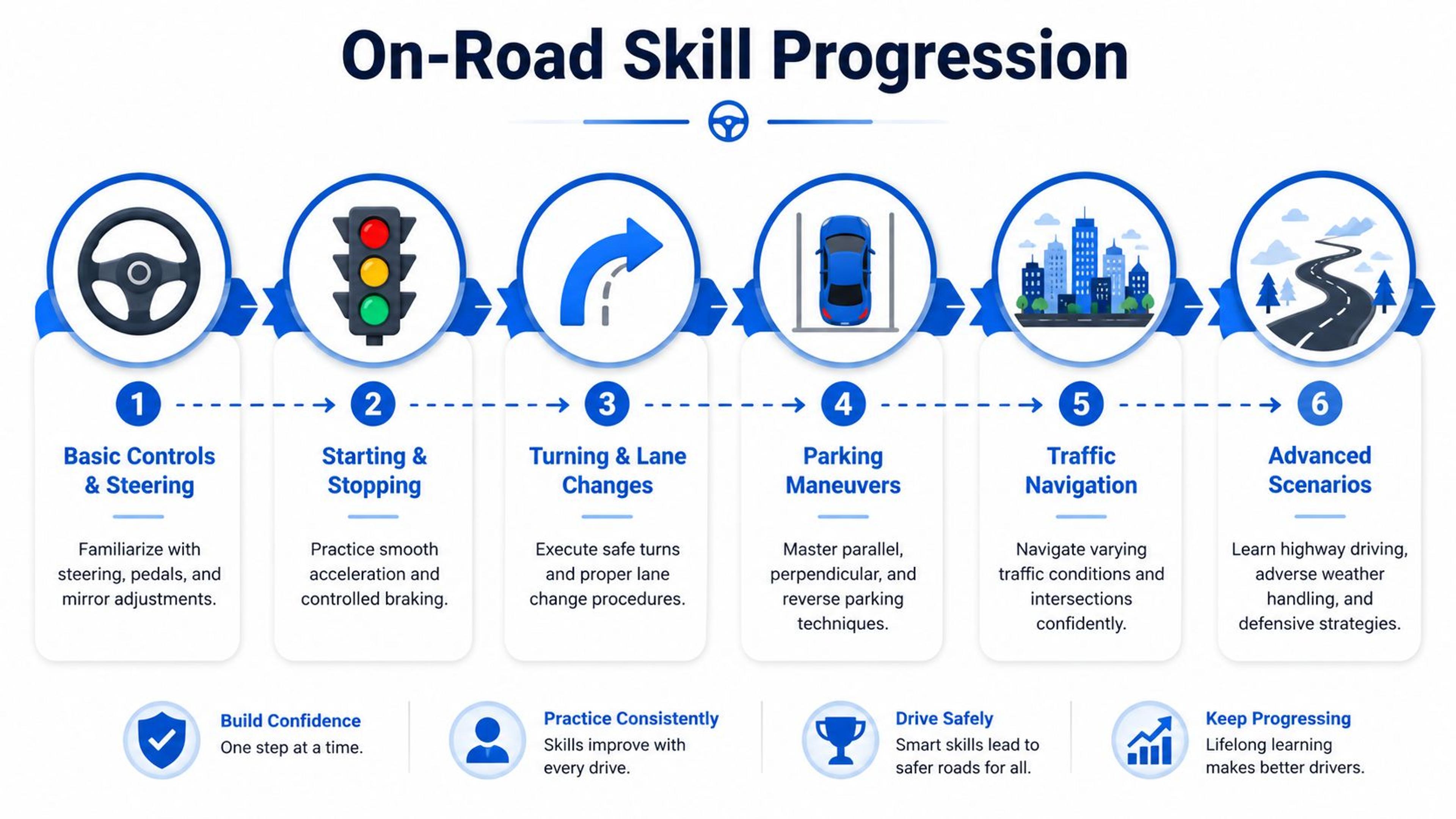 A six-step infographic illustrating the progression of essential on-road driving skills for new motorists.