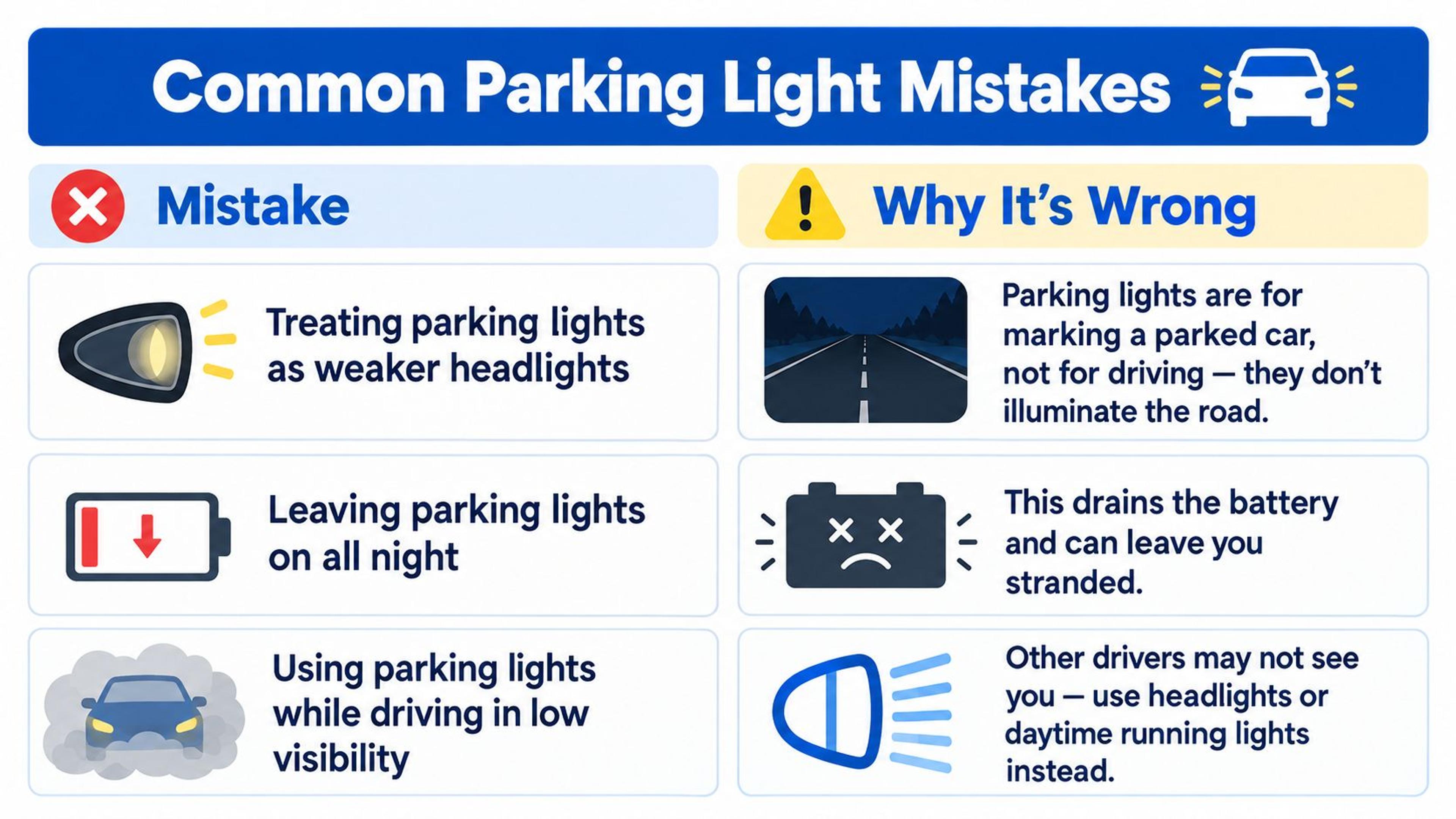 An infographic titled Common Parking Light Mistakes explaining why parking lights should not be used while driving.