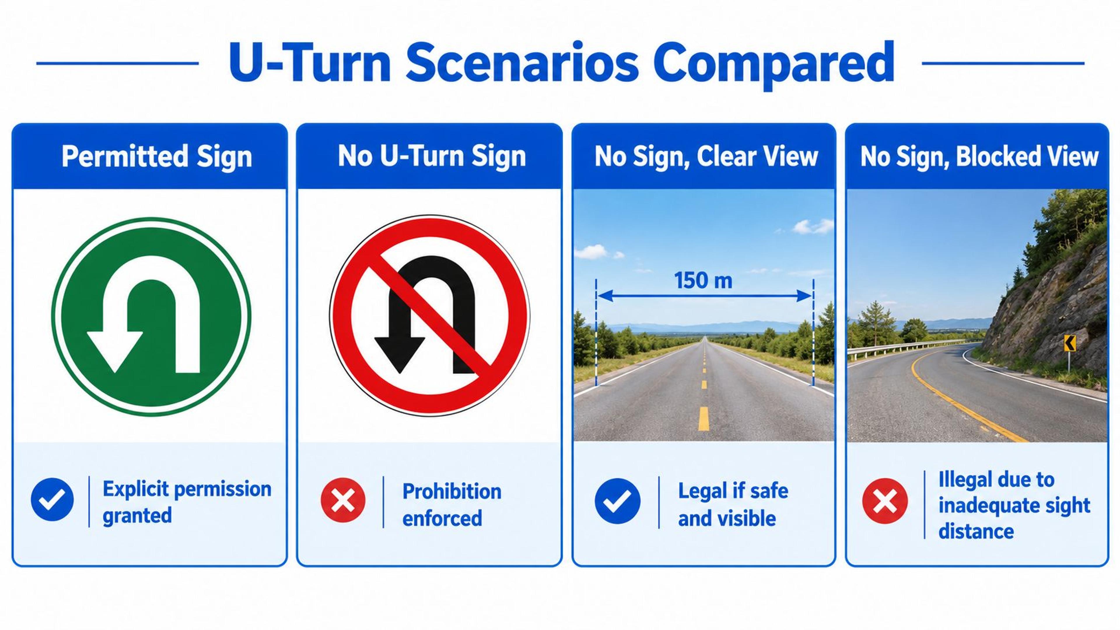 A diagram comparing four different U-turn scenarios, detailing where they are permitted, prohibited, or dependent on visibility.