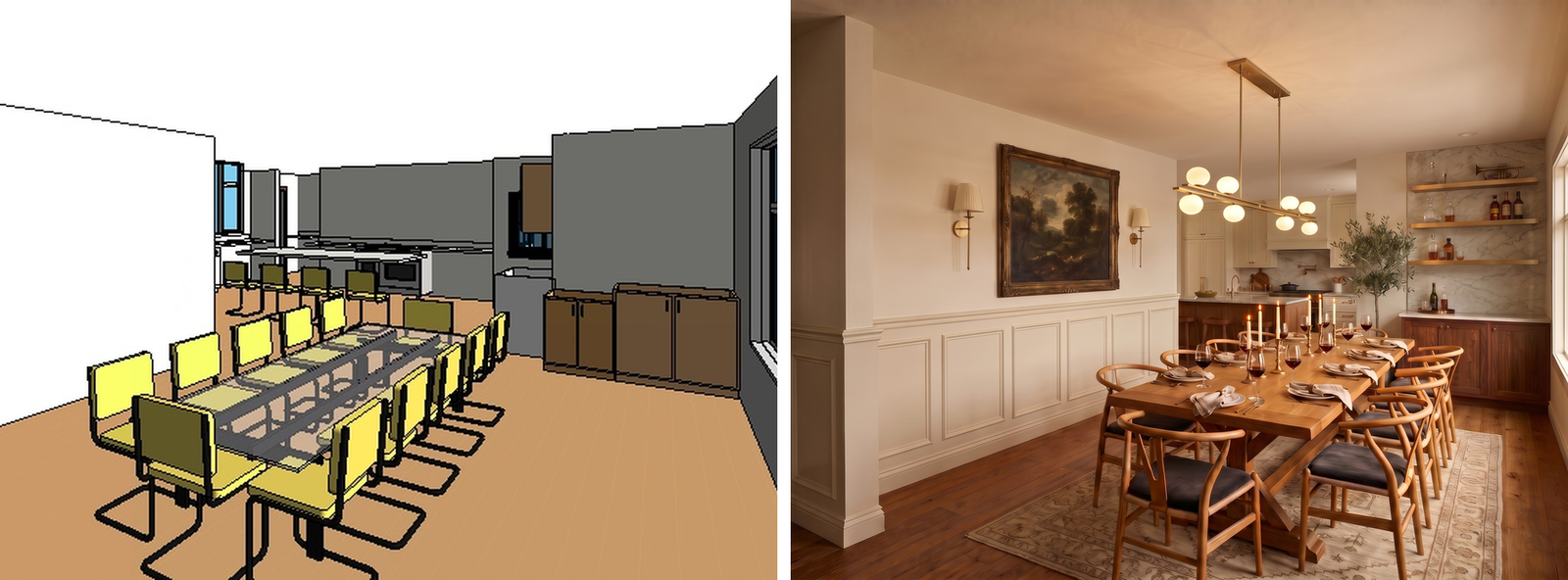 The dining room as a Revit 3D view, beside the AI render of the same view