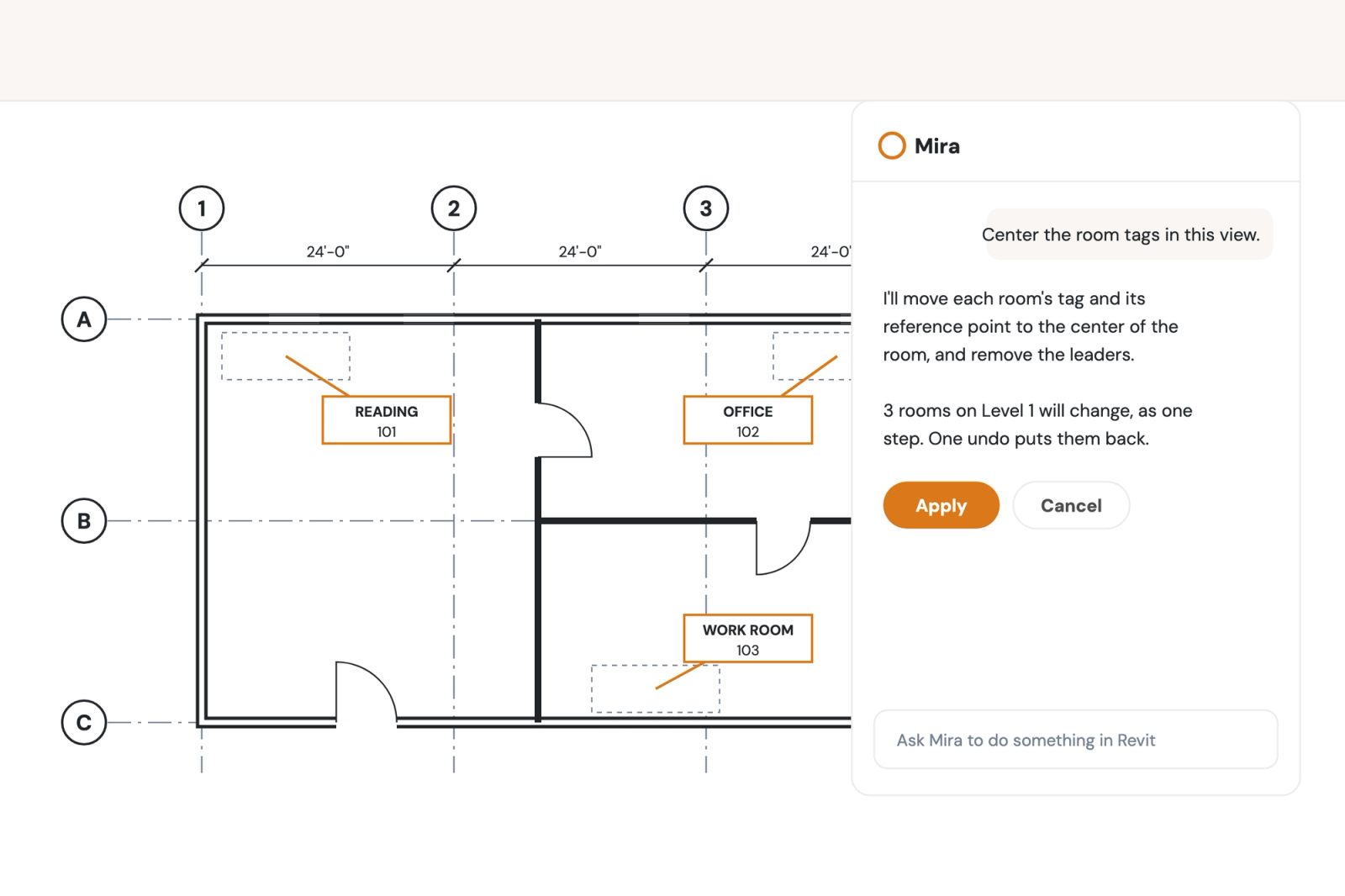 A Revit floor plan with three room tags moving to the center of their rooms, beside Mira's panel asking to apply the change as one step that one undo reverses