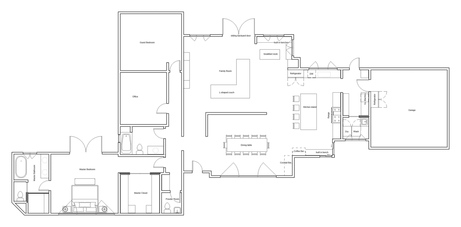 Revit floor plan of the new layout with furniture: one open kitchen, family and dining area