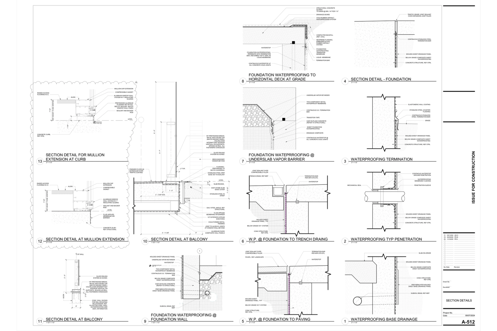A section details sheet from an issued-for-construction drawing set: thirteen numbered waterproofing, foundation, curtain wall and balcony details, each with notes and a scale, beside the sheet's title block