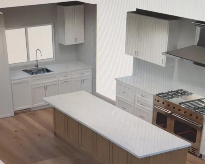 A Revit 3D view of our kitchen blending into the AI render of the same kitchen