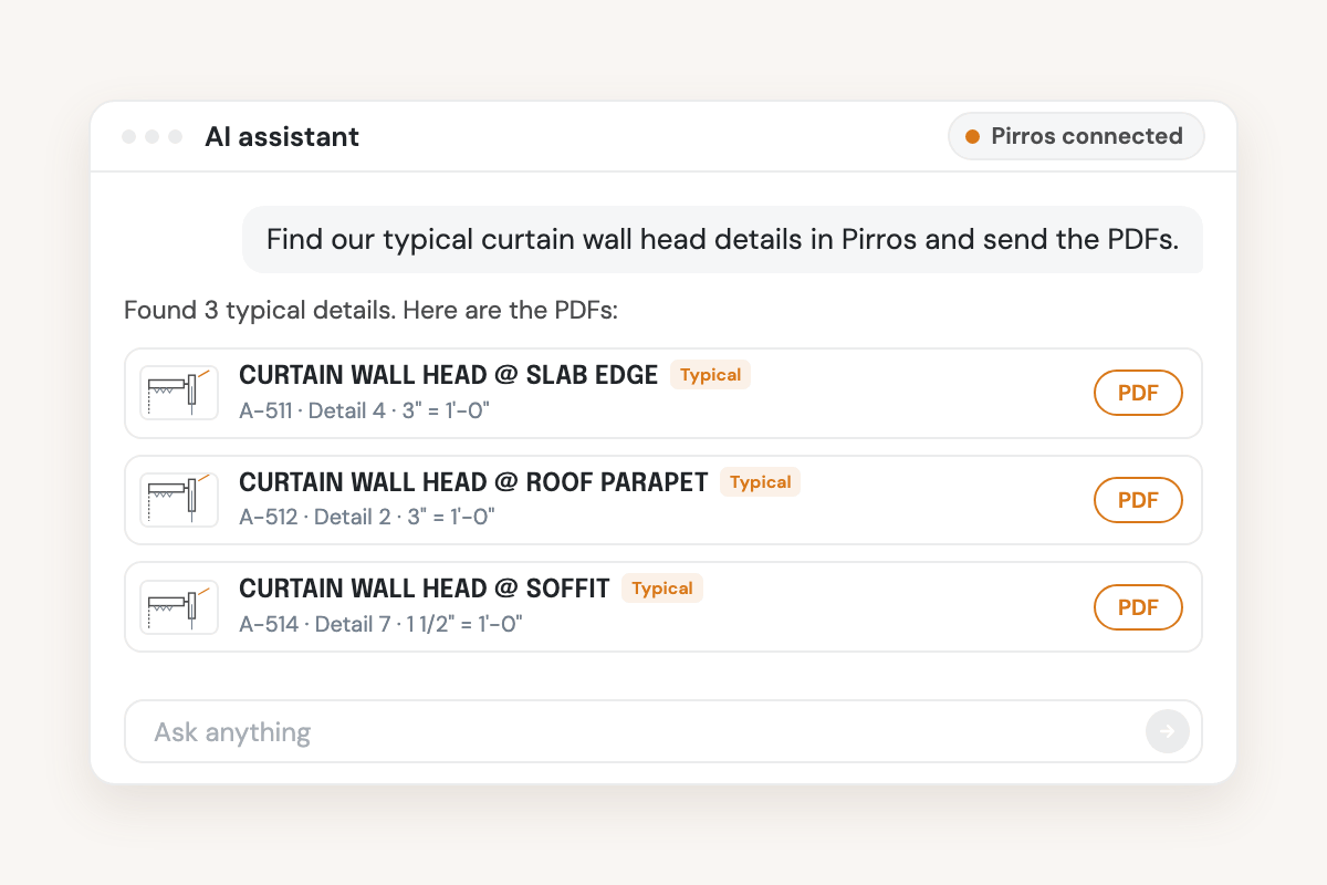 Animation: in an AI assistant connected to Pirros, someone asks for the firm's typical curtain wall head details, and three details come back with their sheet, scale and a PDF link