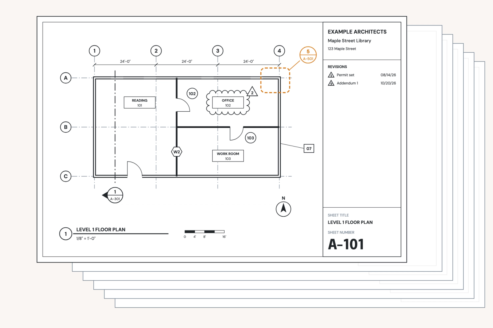 A stack of construction drawing sheets with floor plan sheet A-101 on top, its detail callout 5/A-501 highlighted in orange
