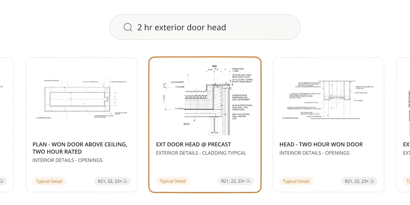 Pirros search results for "2 hr exterior door head": a row of details, each marked Typical Detail, with the precast door head detail selected