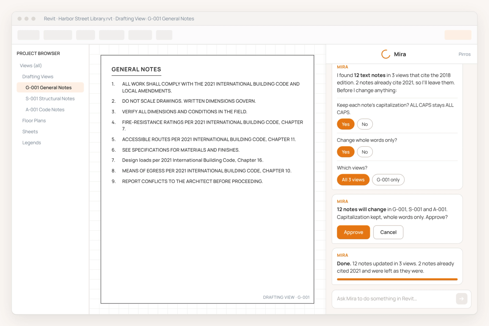 Mira updating the building code edition in every general note in Revit
