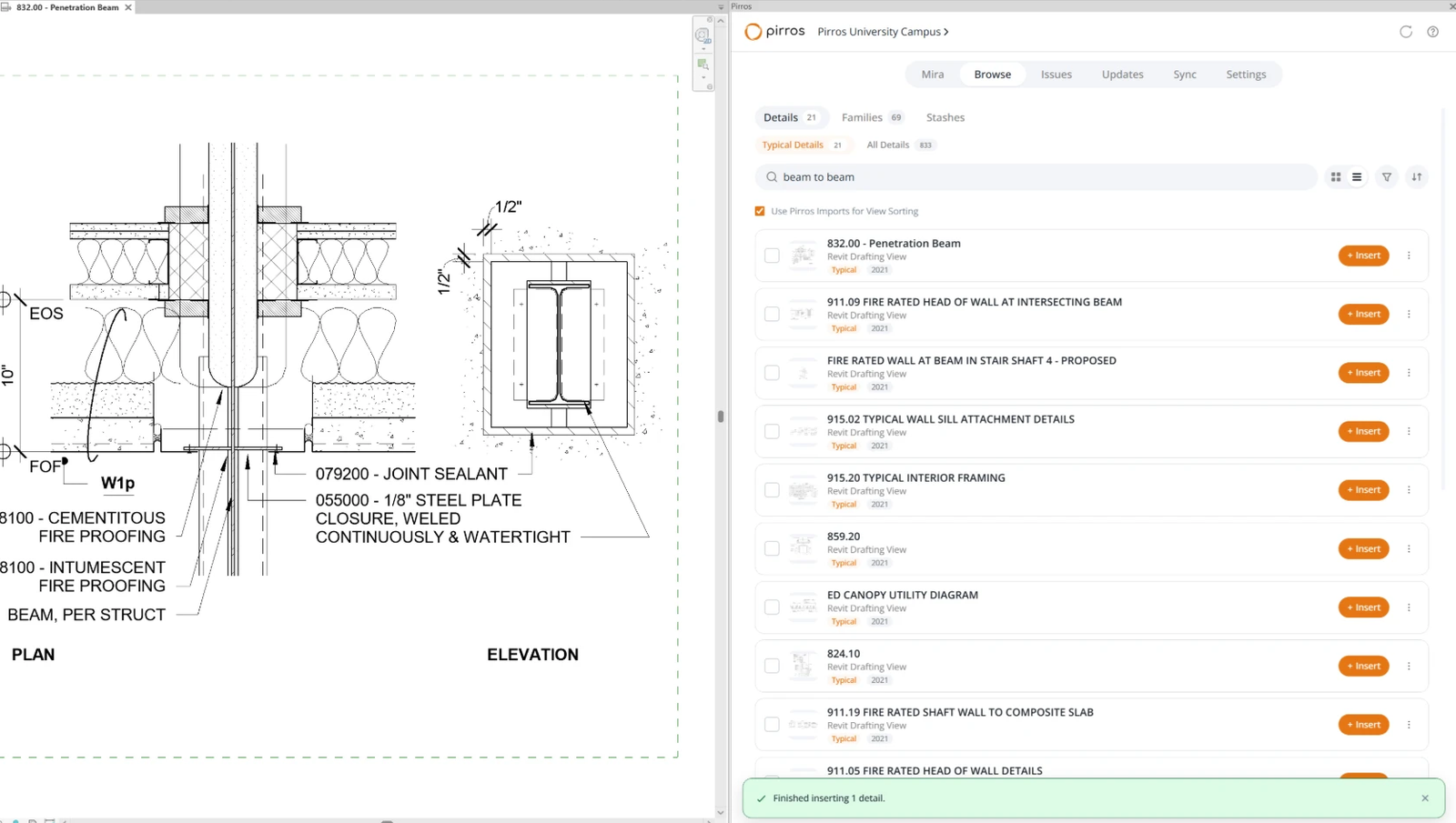 Pirros panel in Revit 2027.2 listing the firm's typical details for a beam to beam search, after inserting the penetration beam detail into the drafting view