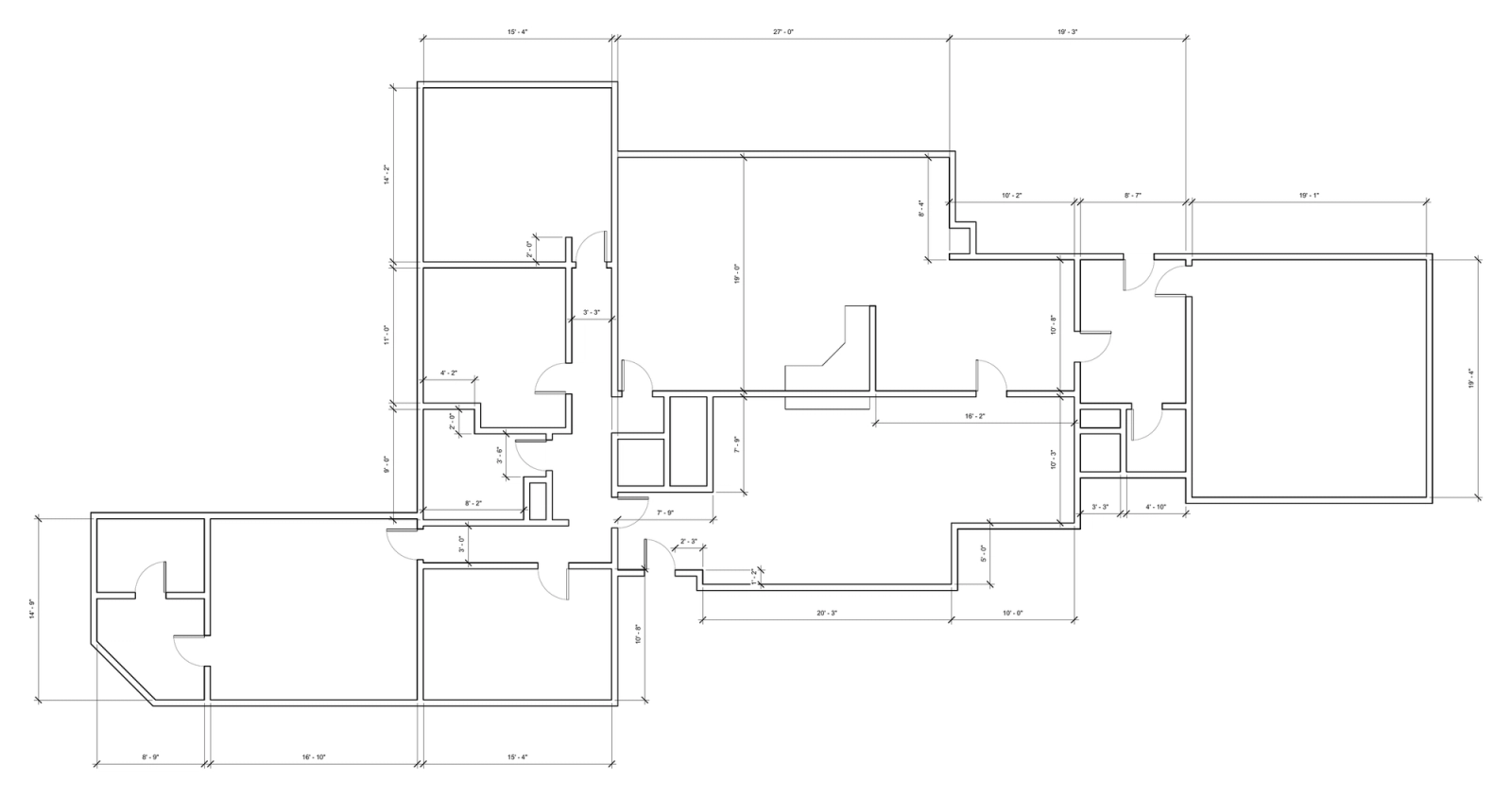 Revit floor plan of the existing house, with wall dimensions