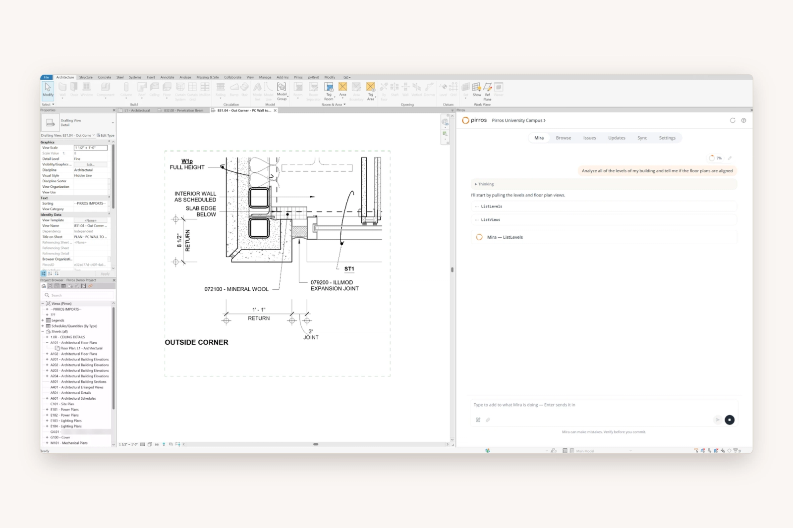 Revit 2027.2 with Mira open in the Pirros panel, asked whether the building's floor plans line up across every level