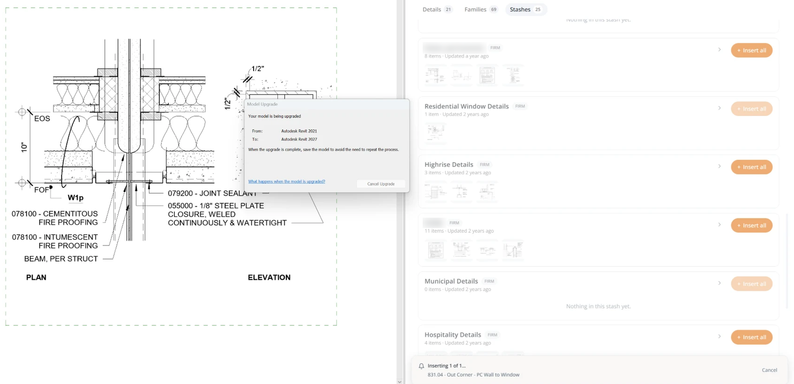 Revit's Model Upgrade dialog upgrading a detail from Autodesk Revit 2021 to Revit 2027 while Pirros inserts it from a stash