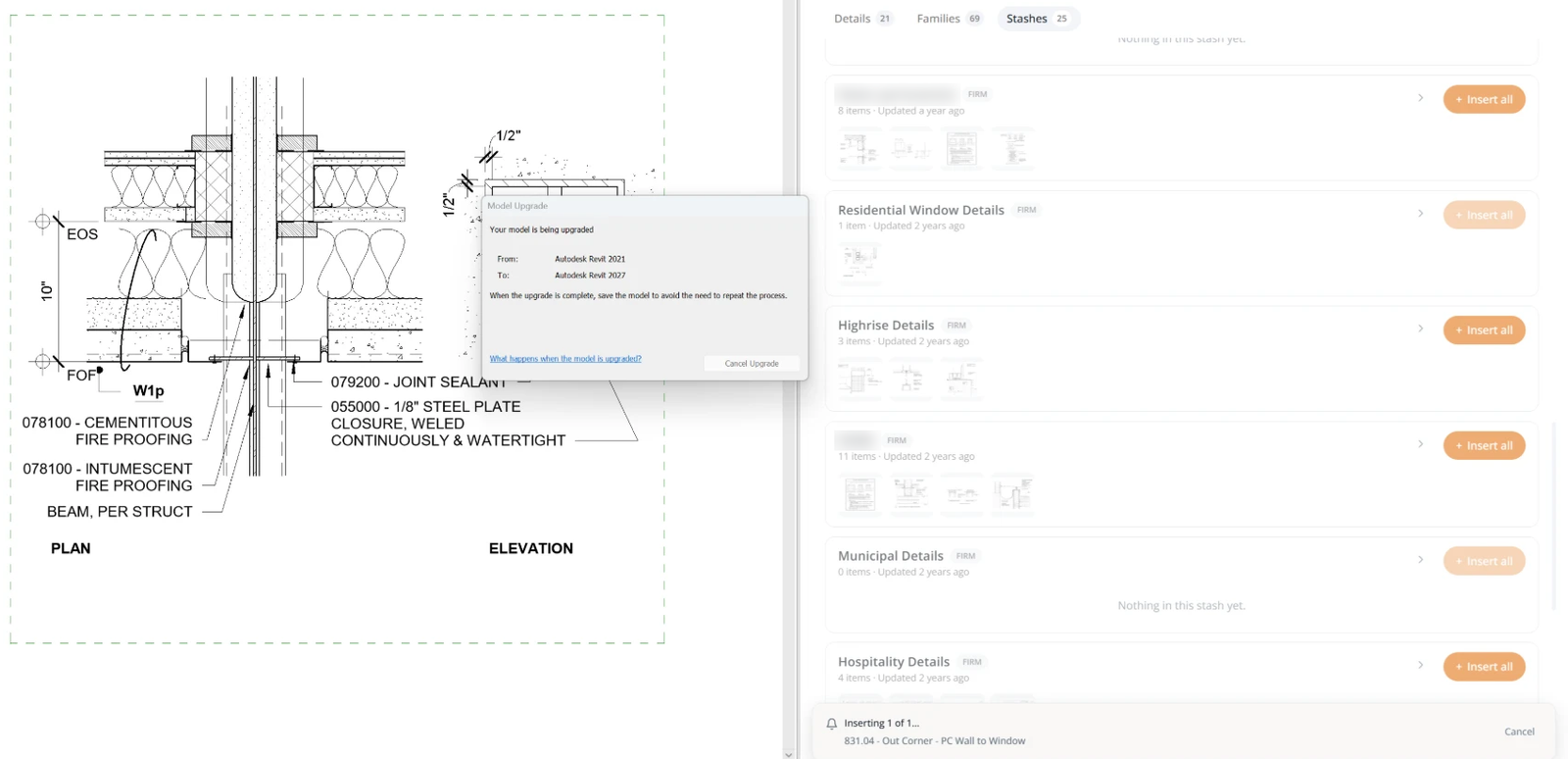 Revit's Model Upgrade dialog upgrading a detail from Autodesk Revit 2021 to Revit 2027 while Pirros inserts it from a stash