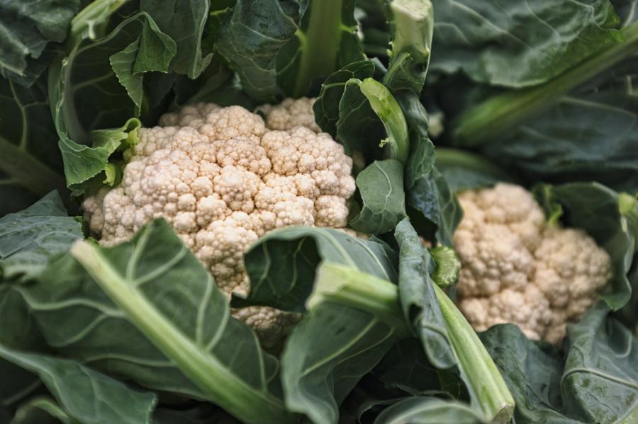 Fresh cauliflower heads surrounded by green leaves at a market