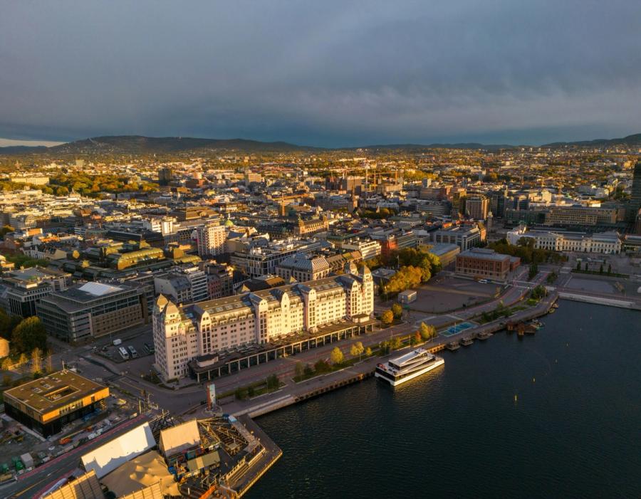 Aerial view of Oslo waterfront with a docked ferry