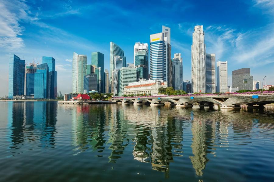 Singapore financial district reflected in Marina Bay