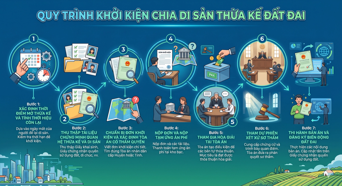 Quy trình khởi kiện chia di sản thừa kế đất đai tại tòa án