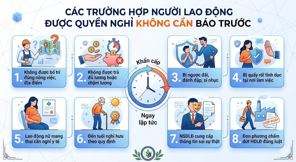 Các trường hợp người lao động được nghỉ việc không cần báo trước theo Điều 35 khoản 2 BLLĐ 2019