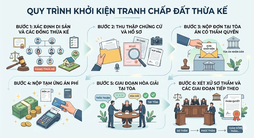 Quy trình khởi kiện tranh chấp đất thừa kế 6 bước - N.H Legal 2026