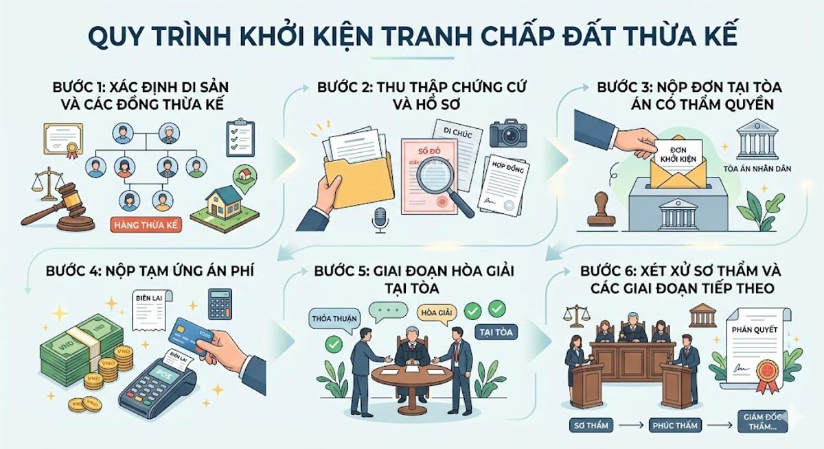Quy trình khởi kiện tranh chấp đất thừa kế 6 bước - N.H Legal 2026