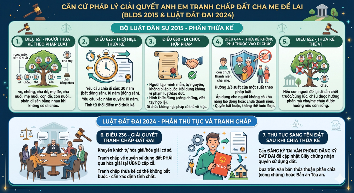 Căn cứ pháp lý giải quyết tranh chấp đất thừa kế giữa anh em - Bộ luật Dân sự 2015 và Luật Đất đai 2024 - N.H Legal