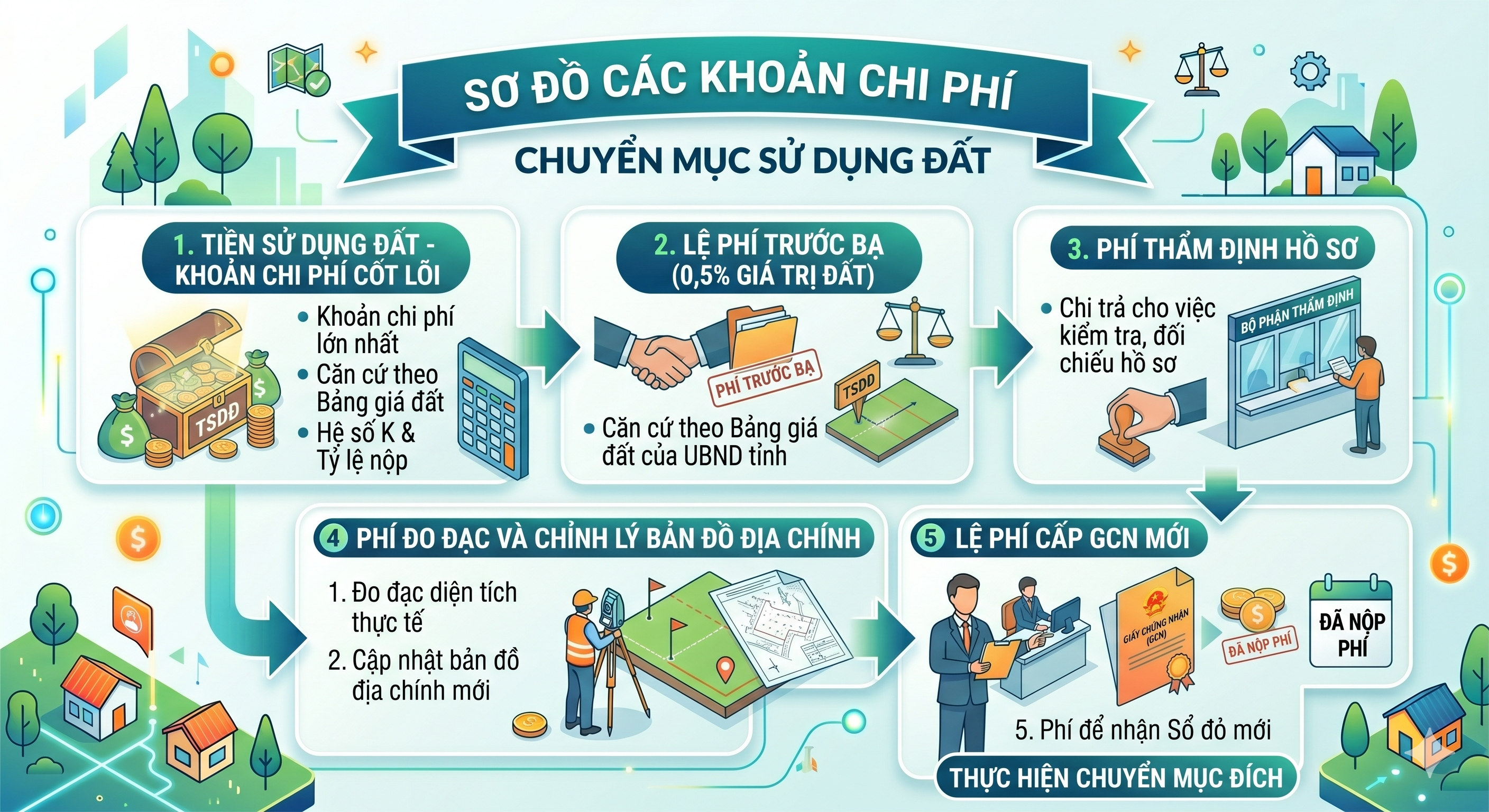 Các khoản chi phí chuyển mục đích sử dụng đất 2026 - tiền sử dụng đất, lệ phí trước bạ và các khoản phụ
