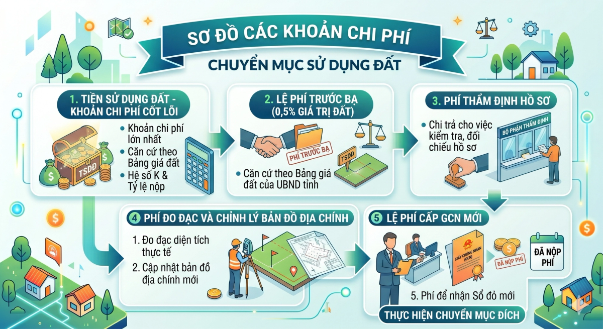 Các khoản chi phí chuyển mục đích sử dụng đất 2026 - tiền sử dụng đất, lệ phí trước bạ và các khoản phụ