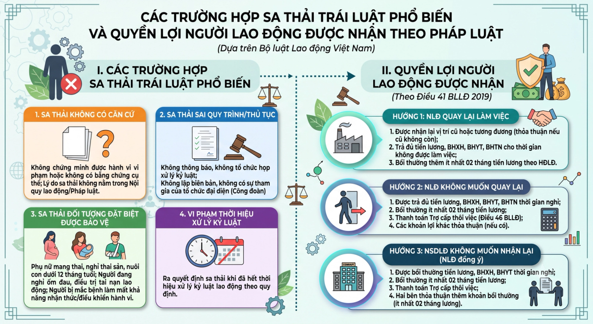Các trường hợp sa thải người lao động trái luật và quyền bồi thường theo Điều 41 BLLĐ 2019
