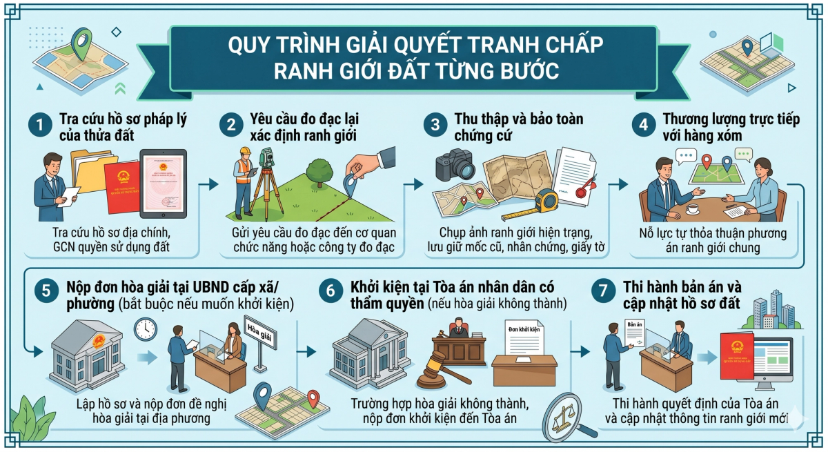 Quy trình giải quyết tranh chấp ranh giới đất với hàng xóm từng bước theo quy định 2026