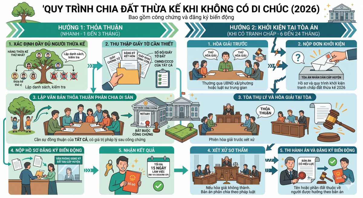 Quy trình chia đất thừa kế khi không có di chúc gồm các bước công chứng và đăng ký biến động 2026 - N.H Legal