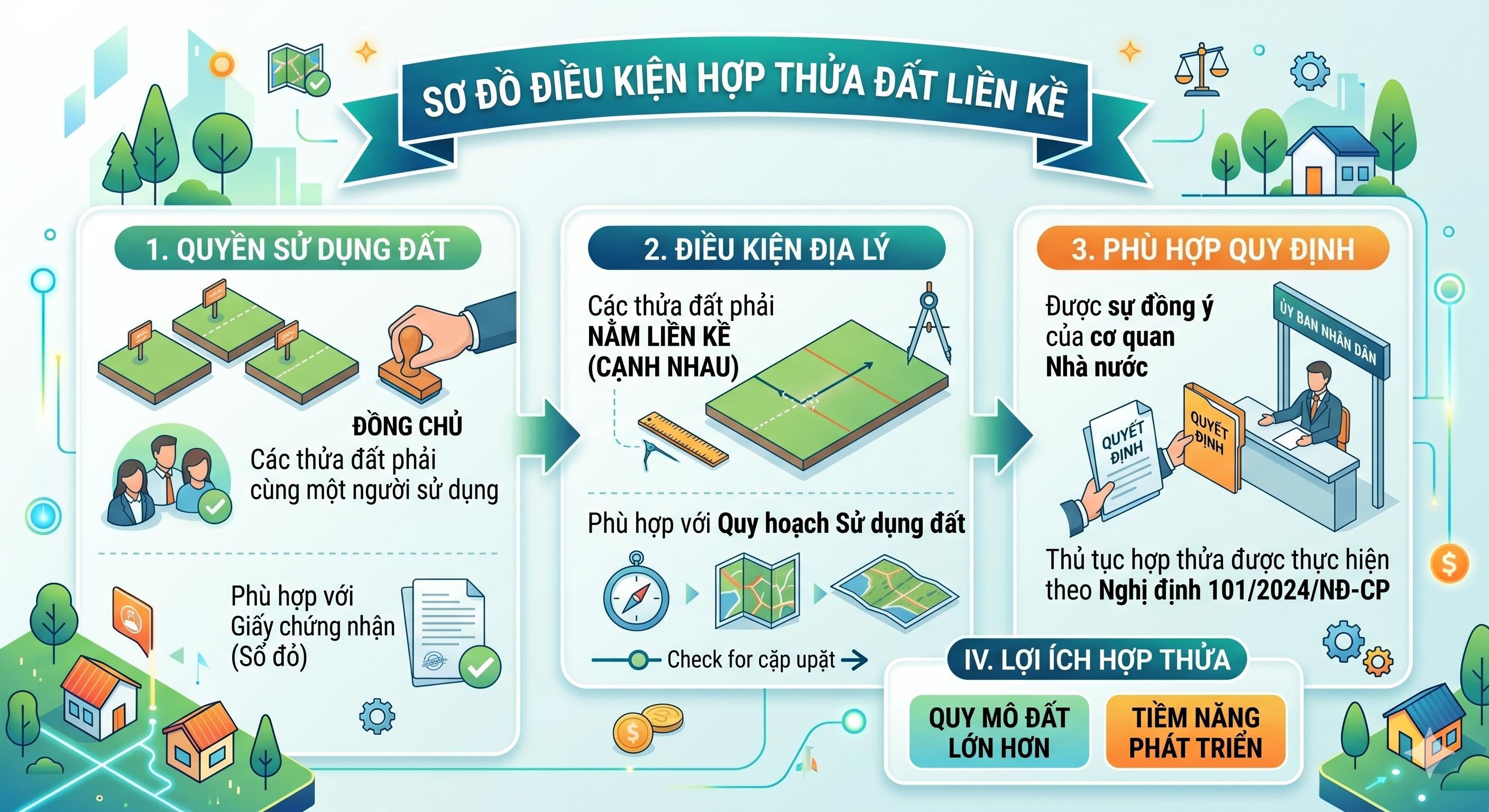 Sơ đồ điều kiện hợp thửa đất liền kề theo Luật Đất đai 2024 và Nghị định 101/2024