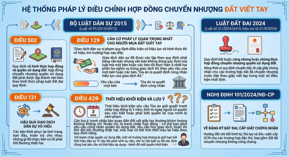 Căn cứ pháp lý về hiệu lực hợp đồng chuyển nhượng đất viết tay theo BLDS 2015 và Luật Đất đai 2024