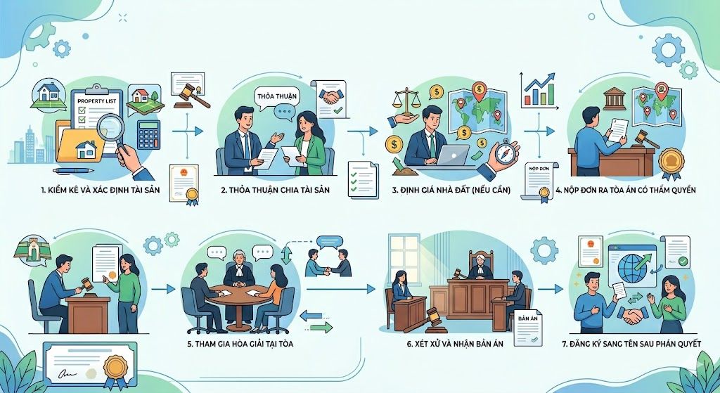 Quy trình chia tài sản nhà đất khi ly hôn và sang tên sau phán quyết Tòa án