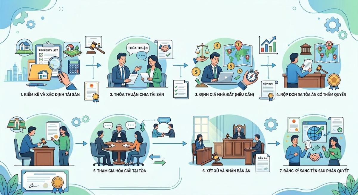 Quy trình chia tài sản nhà đất khi ly hôn và sang tên sau phán quyết Tòa án