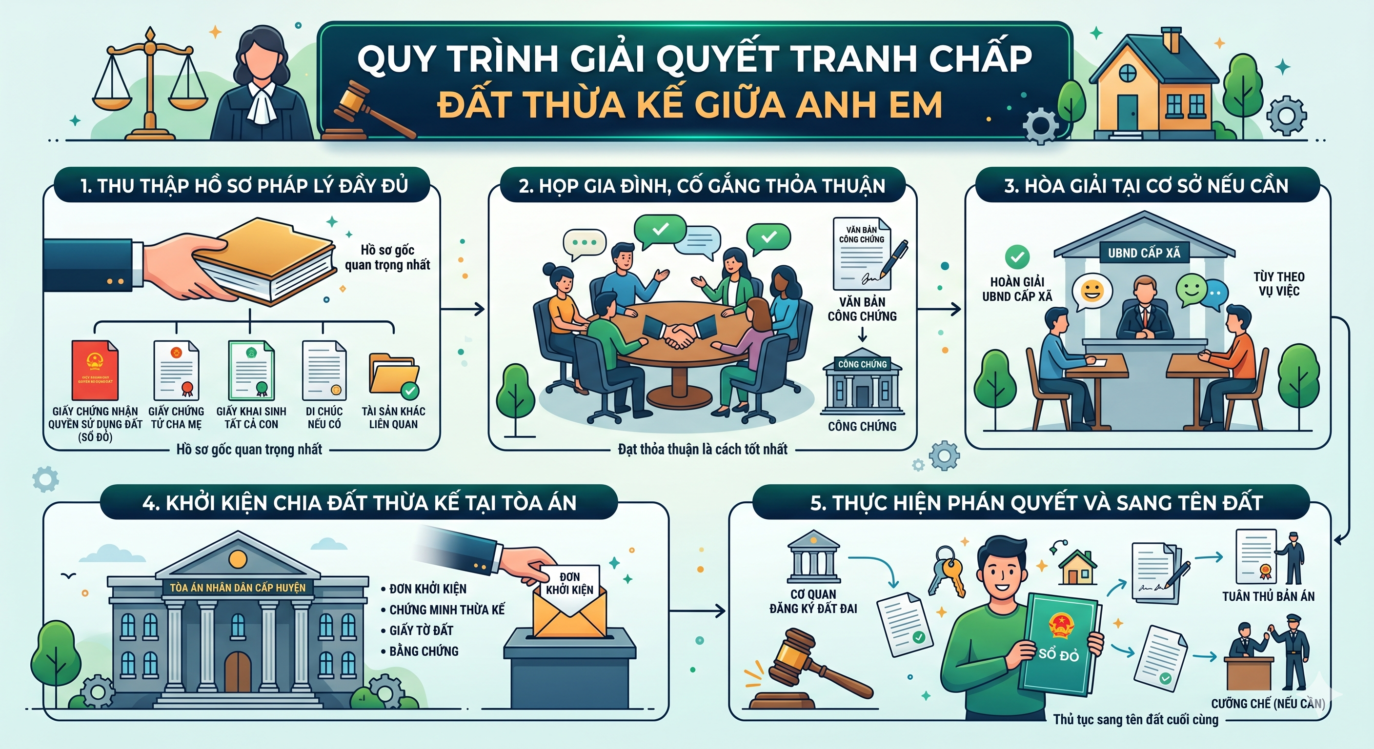 Quy trình giải quyết tranh chấp đất thừa kế giữa anh em - các bước từ thỏa thuận đến khởi kiện tòa án - N.H Legal