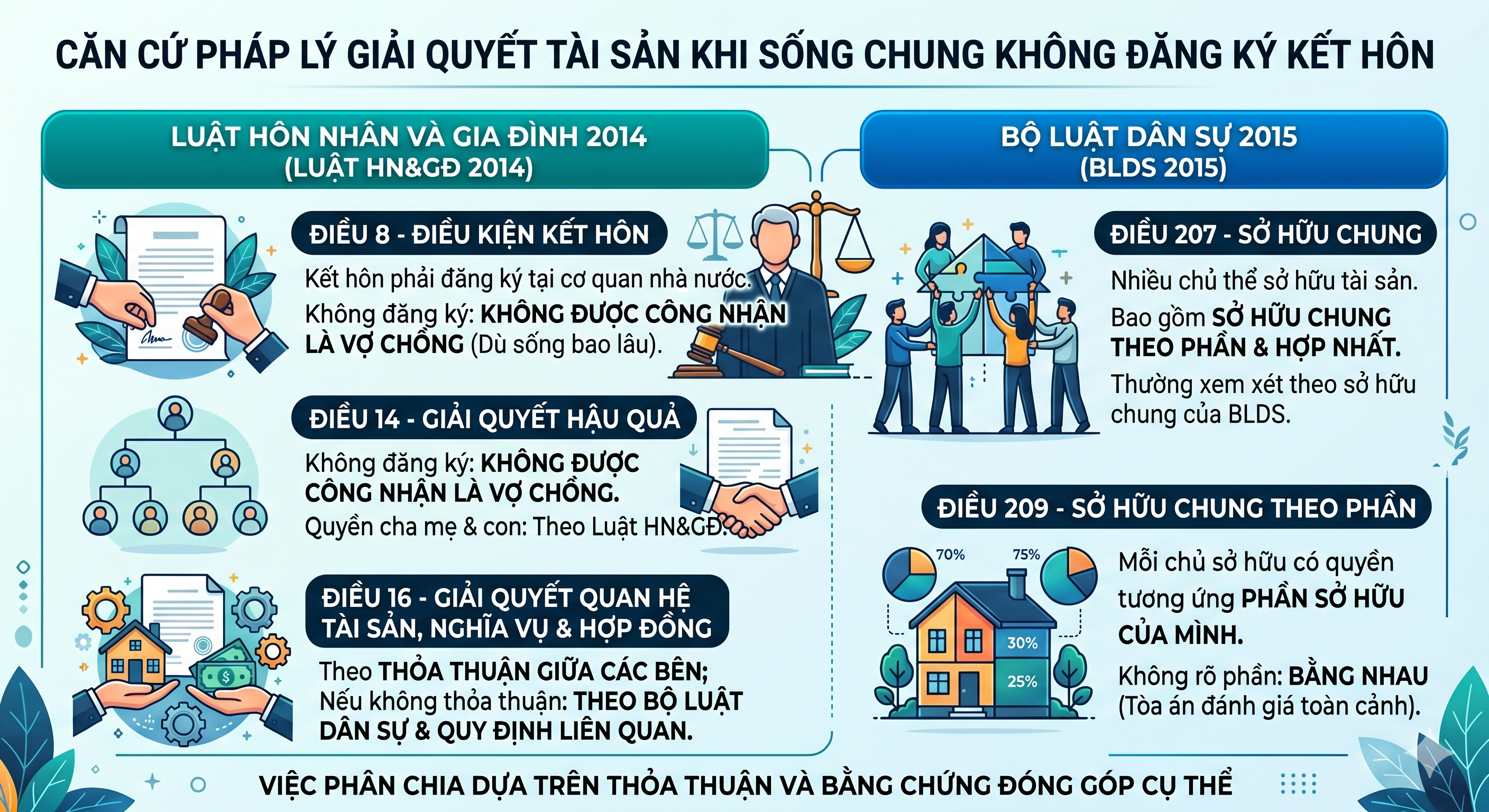 Căn cứ pháp lý chia tài sản khi sống chung như vợ chồng không đăng ký kết hôn theo Luật HN và GĐ 2014 và BLDS 2015 - N.H Legal