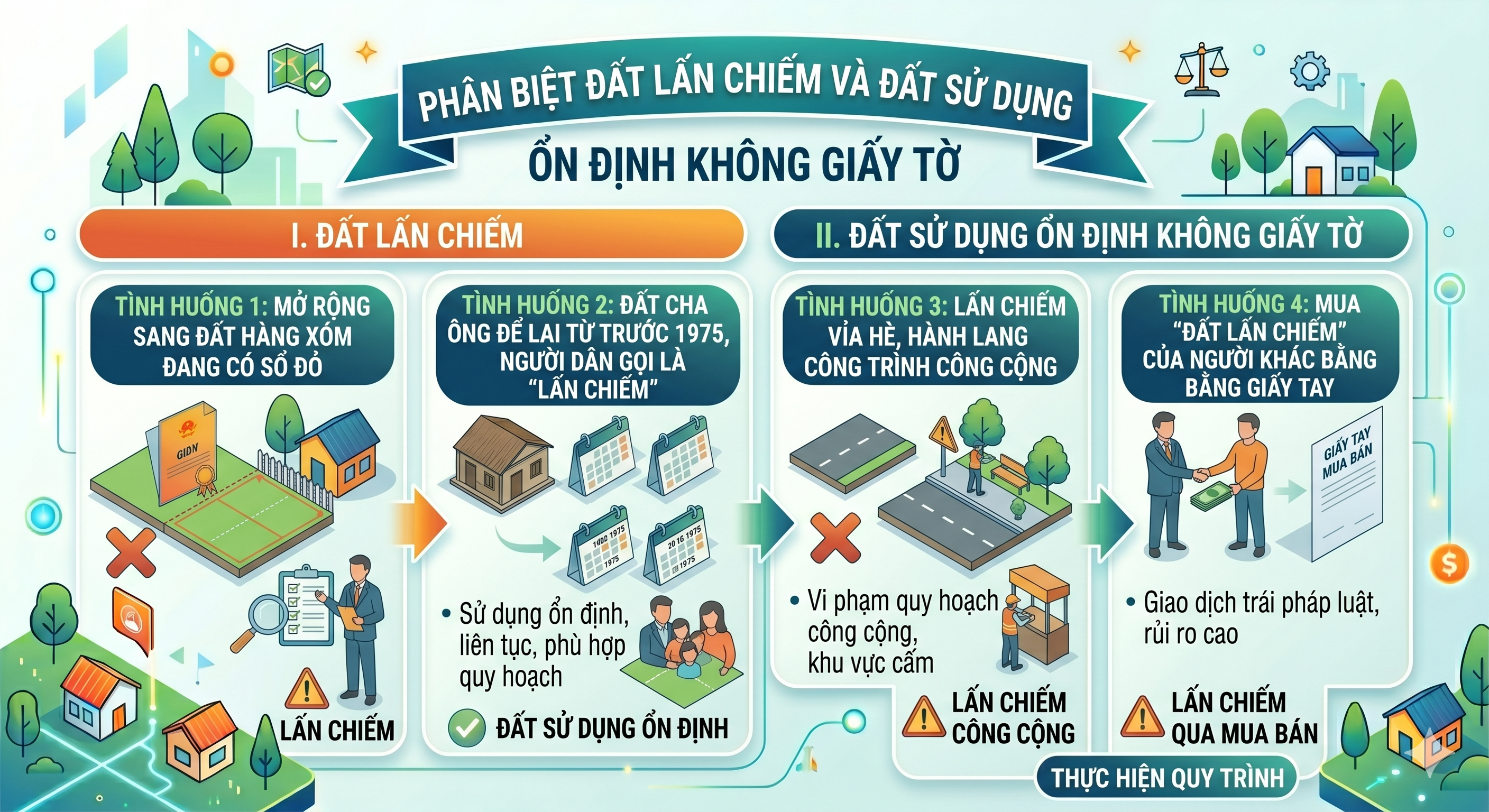 Sơ đồ phân biệt đất lấn chiếm và đất sử dụng ổn định không giấy tờ theo Luật Đất đai 2024