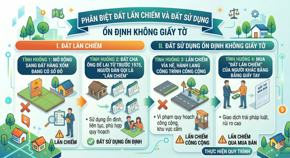 Sơ đồ phân biệt đất lấn chiếm và đất sử dụng ổn định không giấy tờ theo Luật Đất đai 2024